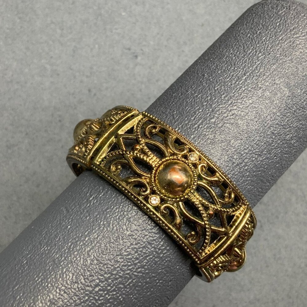 Vintage Stretch Bracelet 7 In Gold Scroll Rhinestone Copper Dome Swirl Bling - Picture 2 of 6